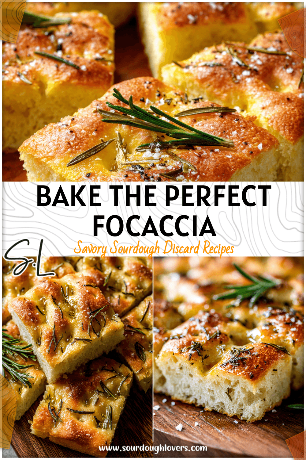Freshly baked garlic rosemary olive oil focaccia bread sprinkled with sea salt on a wooden table.